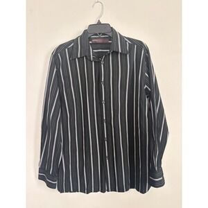 Perry Ellis Mens Black White Striped Long Sleeve Button Down Cotton Shirt Size M